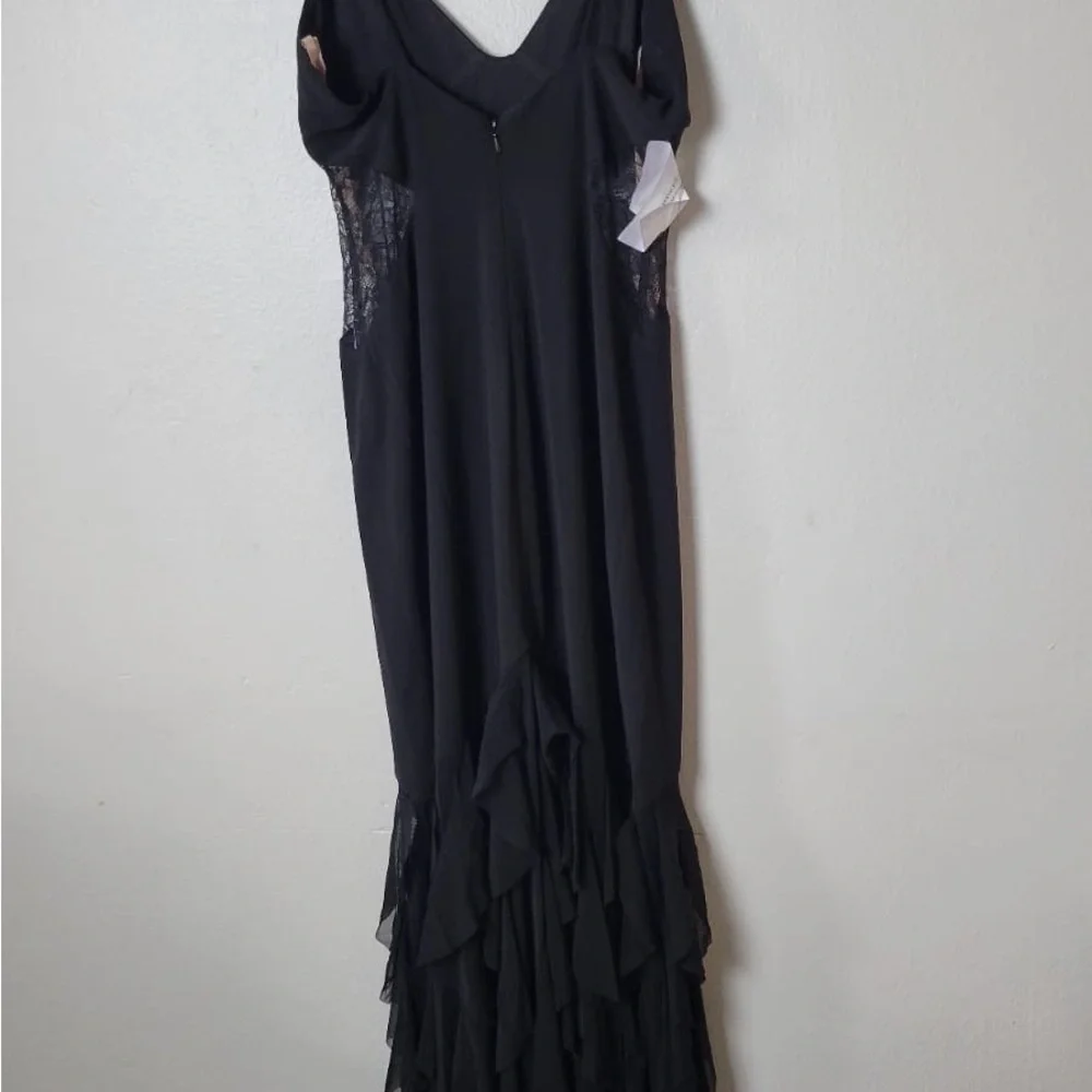 Fame and Partners Abby Gown Draped Tiered Black Spaghetti Strap Maxi Dress Lace - Picture 6 of 9